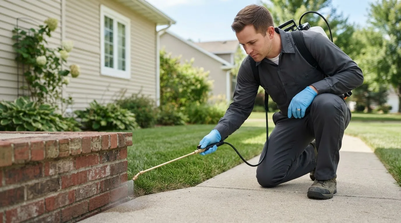 Pest control technician treating a home near Montoursville, PA