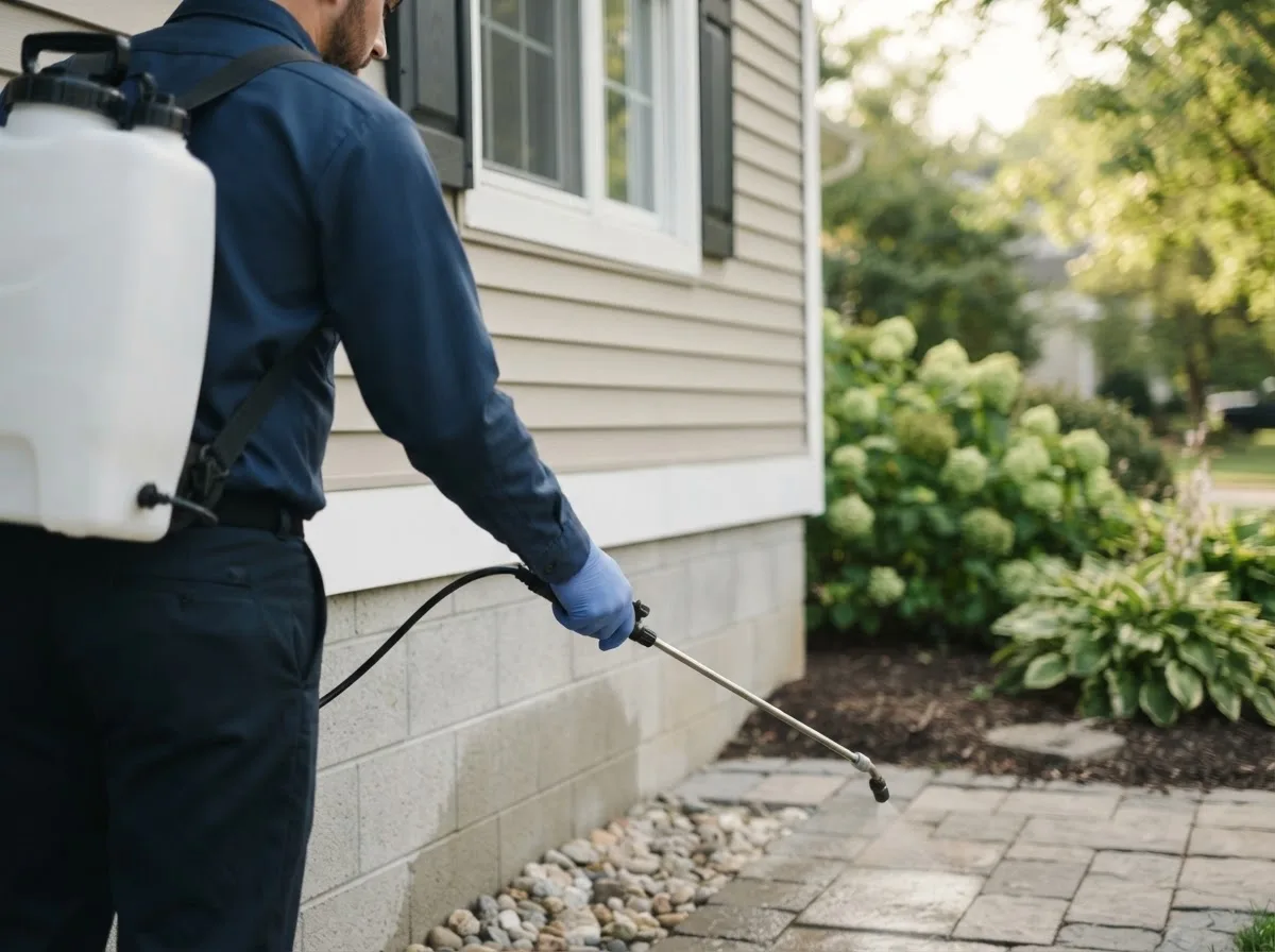 Pest control technician inspecting a home in Montoursville, PA